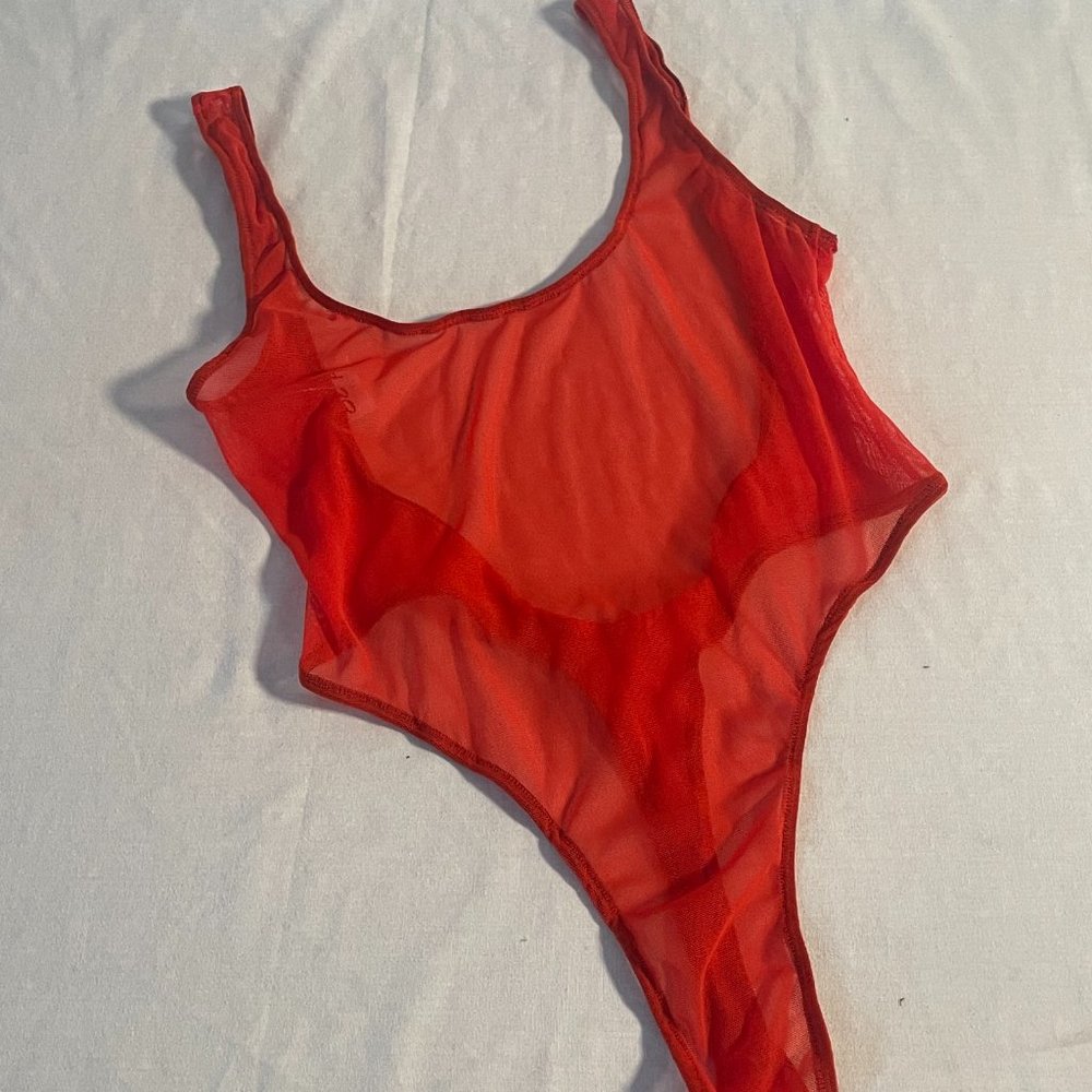 One Piece Red Mesh Thong Dancer Stripper Swimsuit Bodysuit